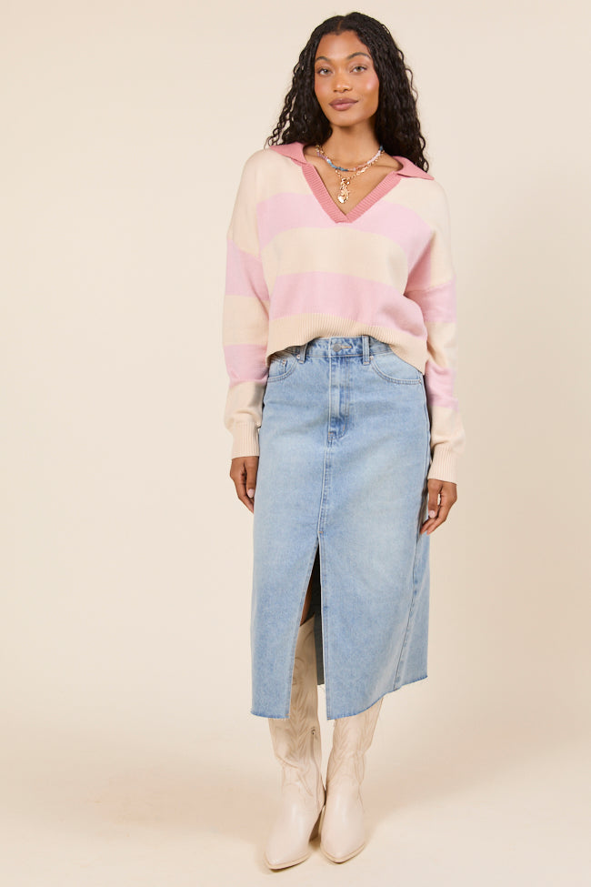 Hibiscus Pink and Cream Striped Collared V-Neck Sweater SALE