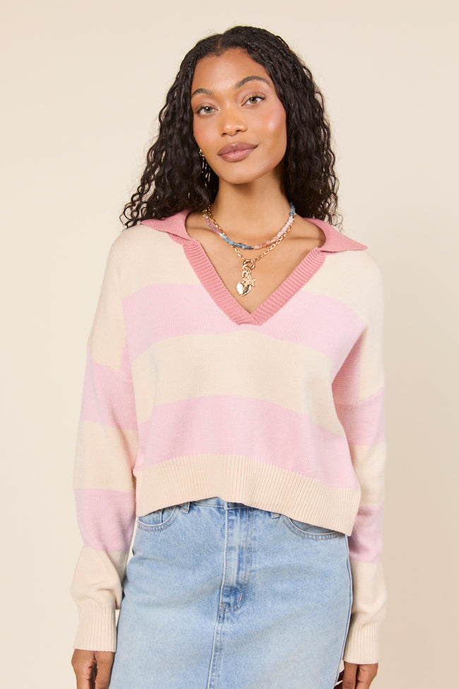 Hibiscus Pink and Cream Striped Collared V-Neck Sweater SALE
