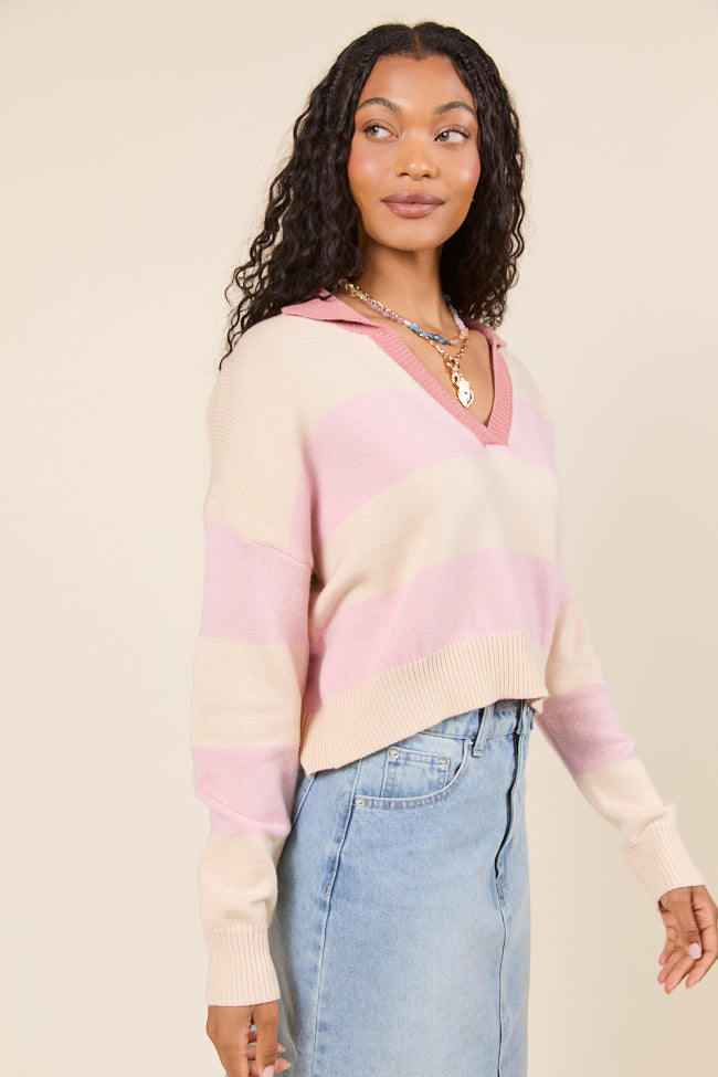 Hibiscus Pink and Cream Striped Collared V-Neck Sweater SALE