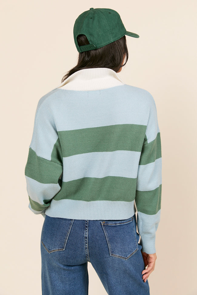 Hibiscus Blue and Green Striped Collared V-Neck Sweater