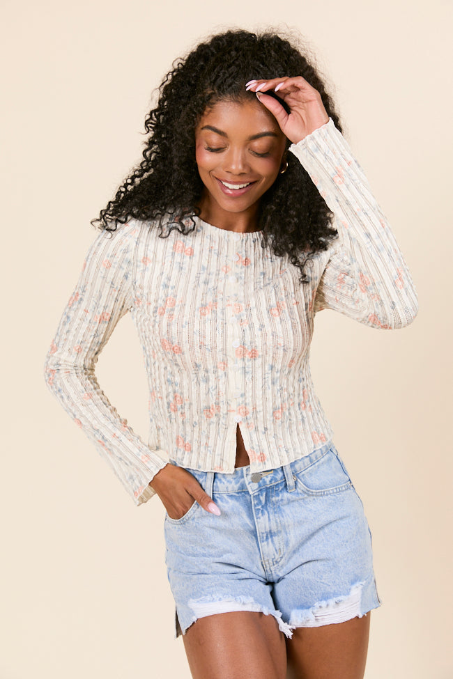London Button Detail Floral Long Sleeve Knit Top FINAL SALE