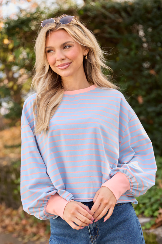 Susanna Long Sleeve Blue and Coral Stripe Knit Tee FINAL SALE