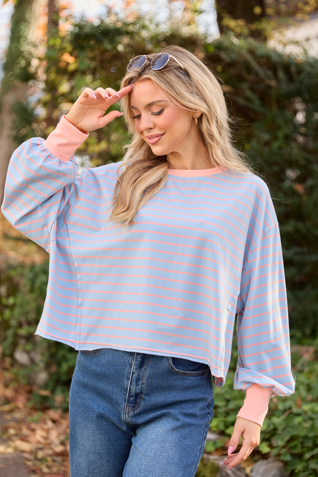Susanna Long Sleeve Blue and Coral Stripe Knit Tee FINAL SALE