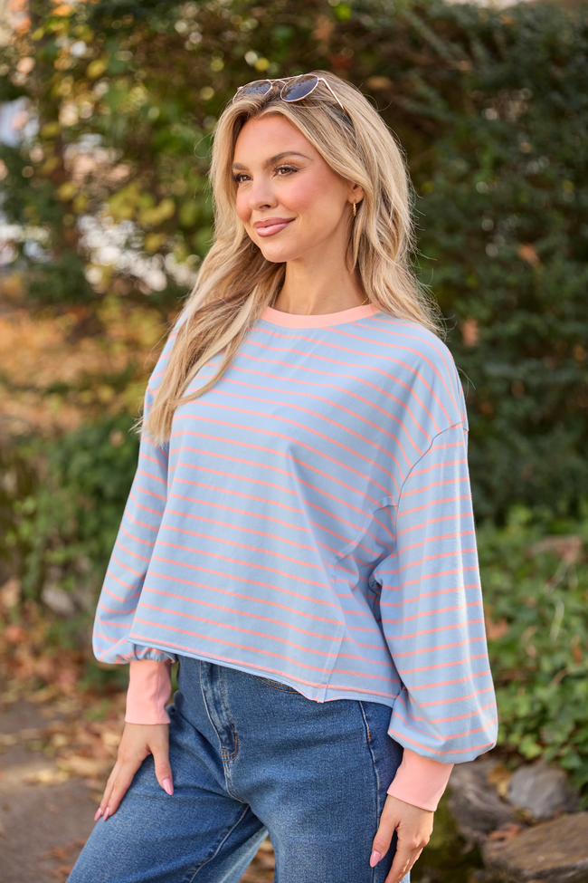 Susanna Long Sleeve Blue and Coral Stripe Knit Tee FINAL SALE