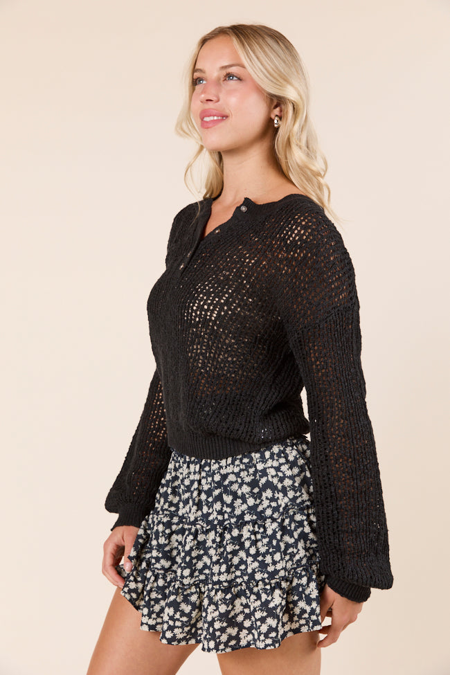 Lotus Long Sleeve Black Open Knit Henley Sweater FINAL SALE