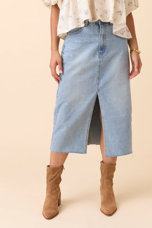 Mya Medium Wash Denim Midi Skirt FINAL SALE