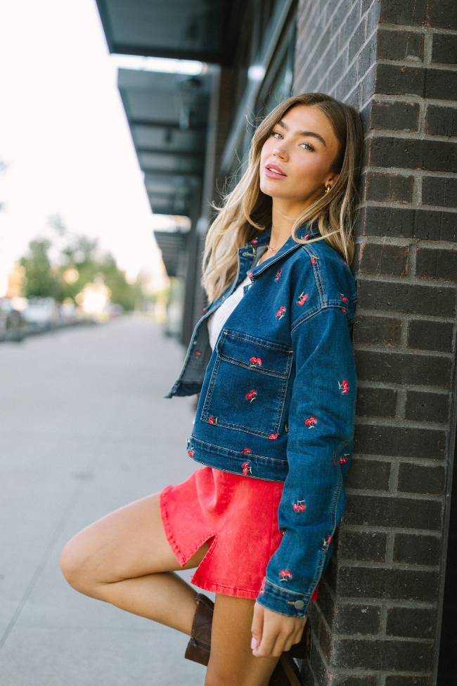 My Favorite Cherry Embroidered Stretch Denim Jacket FINAL SALE