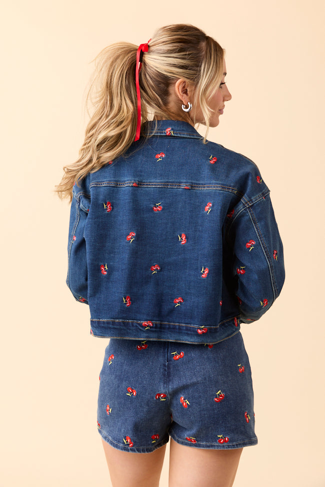 My Favorite Cherry Embroidered Stretch Denim Jacket FINAL SALE