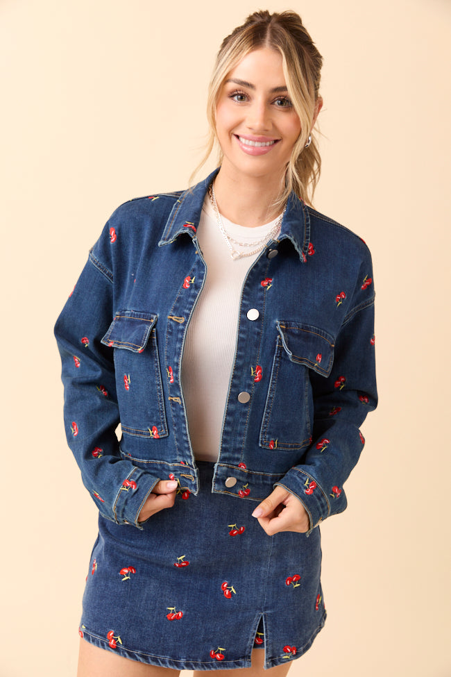 My Favorite Cherry Embroidered Stretch Denim Jacket FINAL SALE
