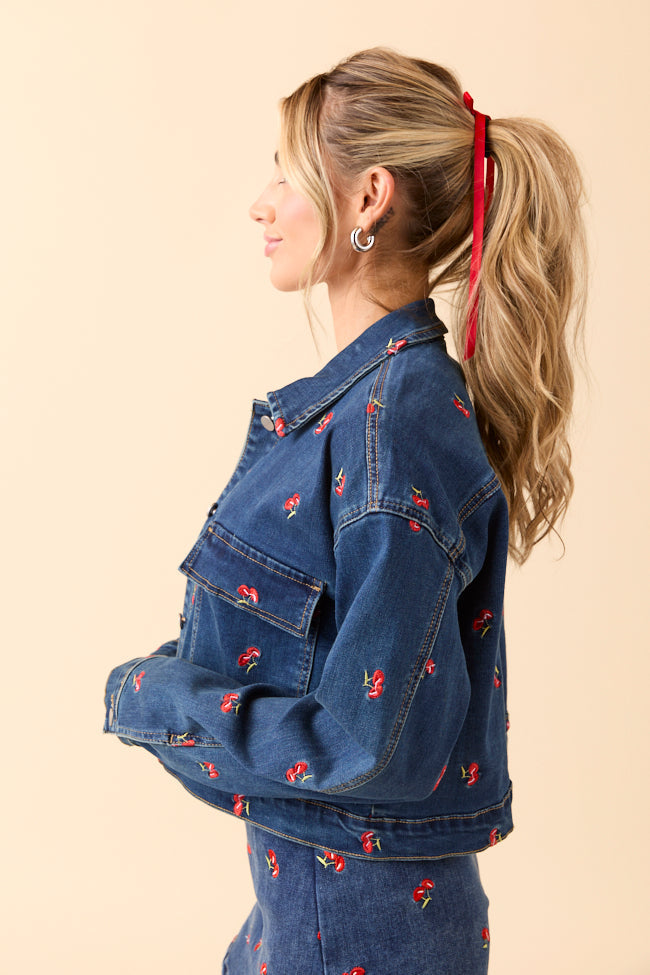 My Favorite Cherry Embroidered Stretch Denim Jacket FINAL SALE