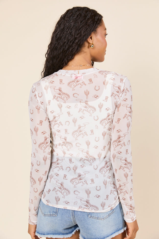 Darlene Long Sleeve White Rodeo Mesh Crewneck Top SALE