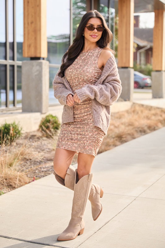 Ali Ruched Mesh Brown Floral Mini Dress FINAL SALE