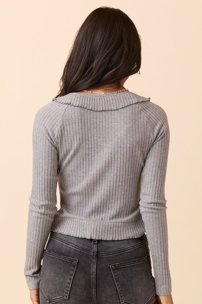 Linda Grey Ruffled Neckline Long Sleeve Knit Top