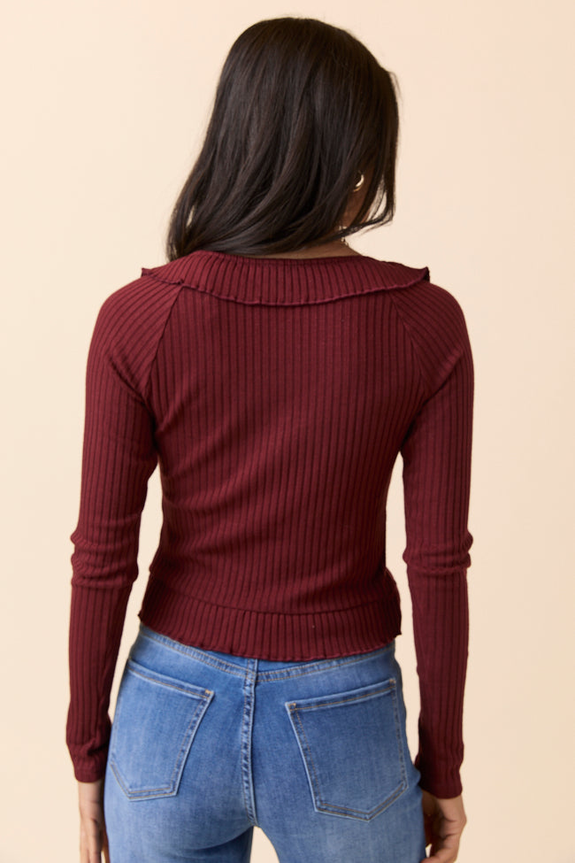 Linda Burgundy Ruffled Neckline Long Sleeve Knit Top