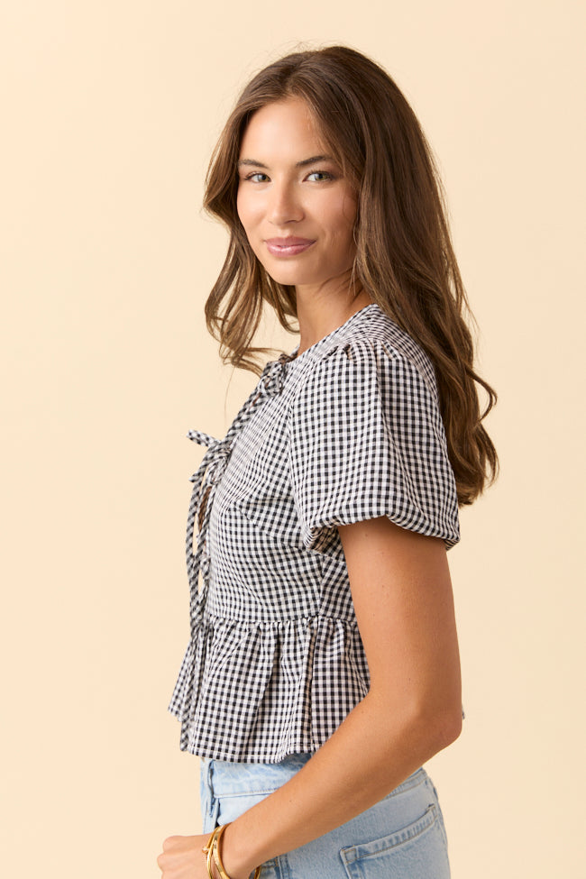 Mila Black Gingham Tie Front Flounce Woven Blouse
