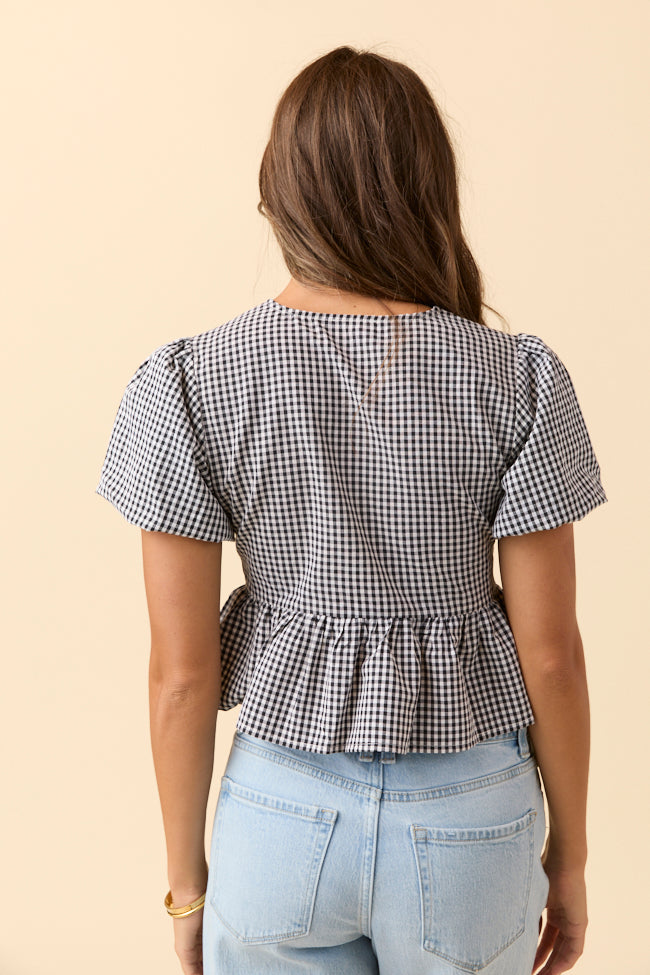 Mila Black Gingham Tie Front Flounce Woven Blouse