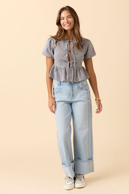 Mila Black Gingham Tie Front Flounce Woven Blouse