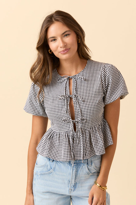 Mila Black Gingham Tie Front Flounce Woven Blouse