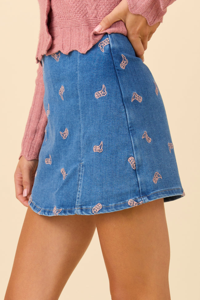 My Favorite Medium Wash Boot Embroidery Skort FINAL SALE