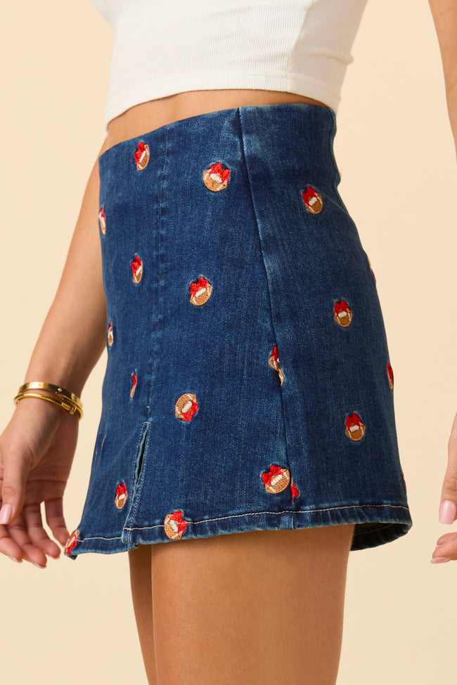 My Favorite Dark Wash Football Embroidery Skort FINAL SALE