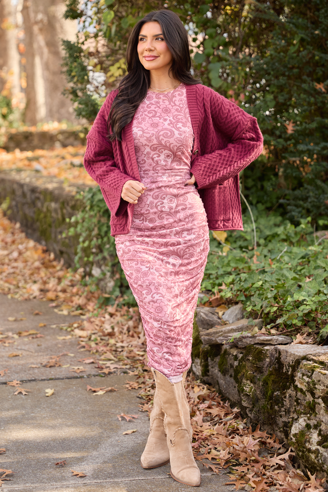 Ali Mauve Lace Print Mesh Midi Dress