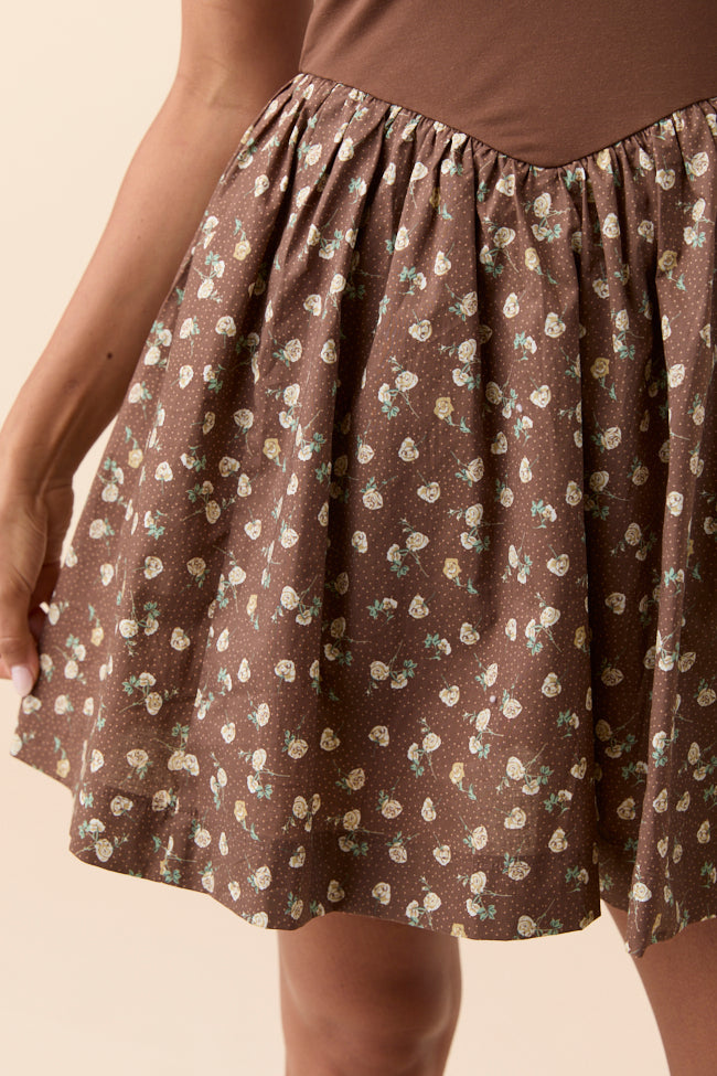 Adelina Brown Floral Drop Waist Mini Dress FINAL SALE