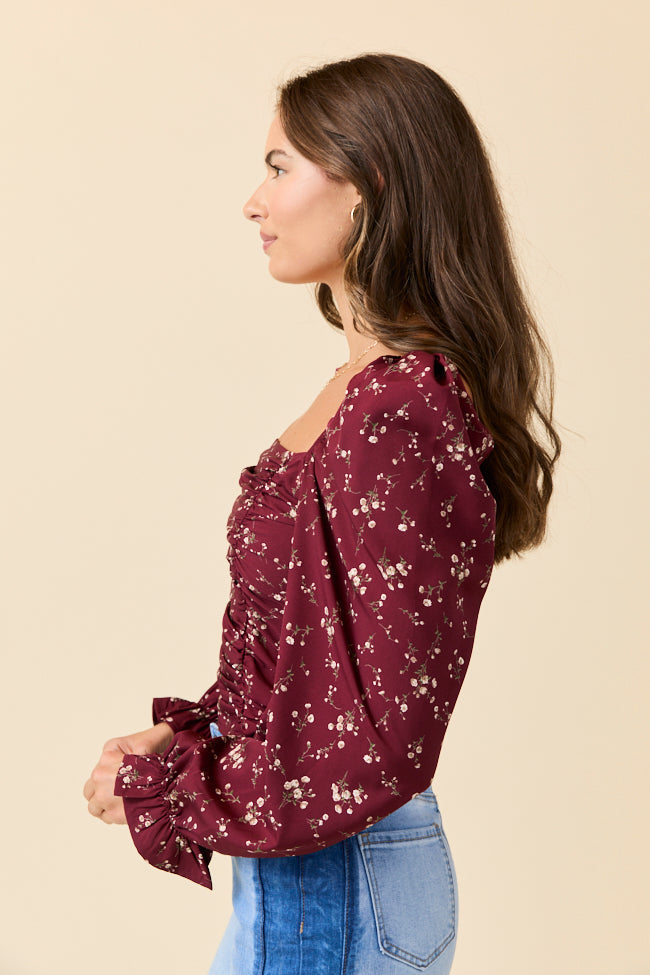 Brittney Ruched Claret Floral Top