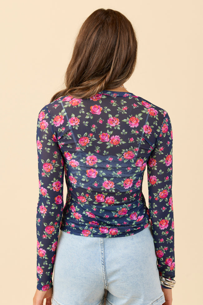Ansley Long Sleeve Blue Floral Mesh Crewneck Top