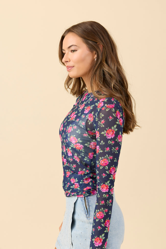 Ansley Long Sleeve Blue Floral Mesh Crewneck Top