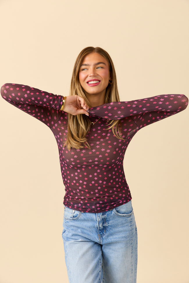 Ansley Long Sleeve Brown Floral Mesh Crewneck Top