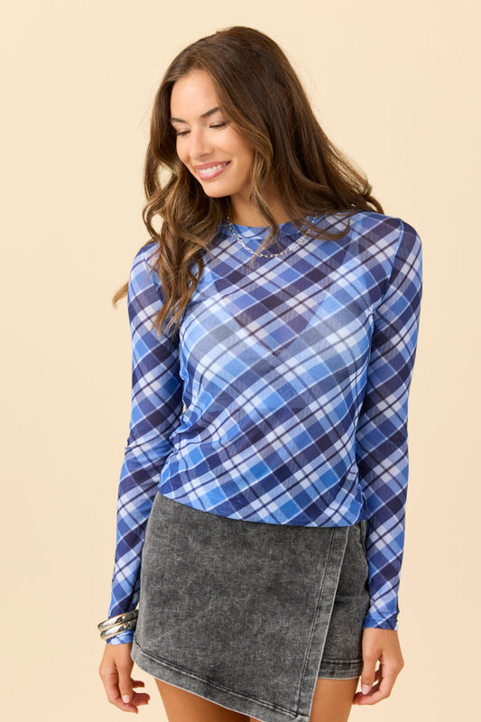Ansley Long Sleeve Blue Plaid Mesh Crewneck Top FINAL SALE