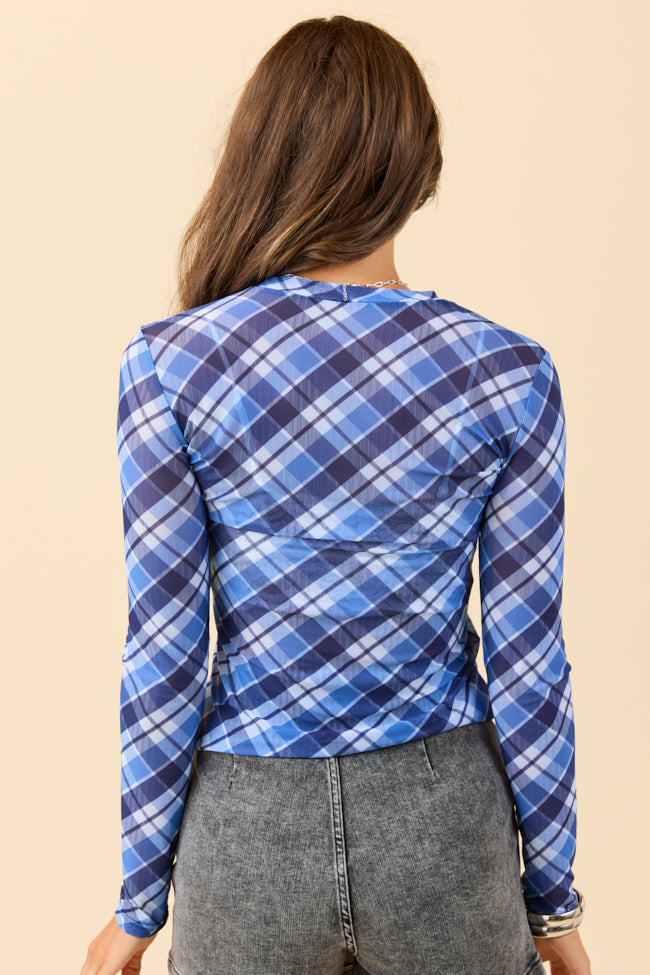 Ansley Long Sleeve Blue Plaid Mesh Crewneck Top FINAL SALE