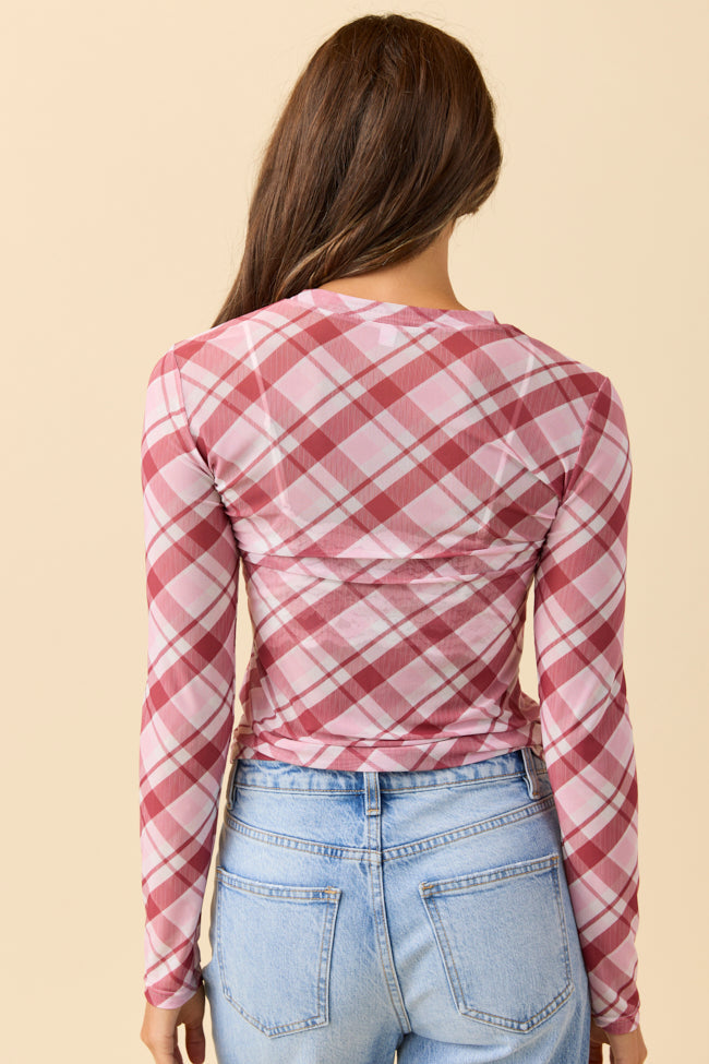 Ansley Long Sleeve Pink Plaid Mesh Crewneck Top FINAL SALE