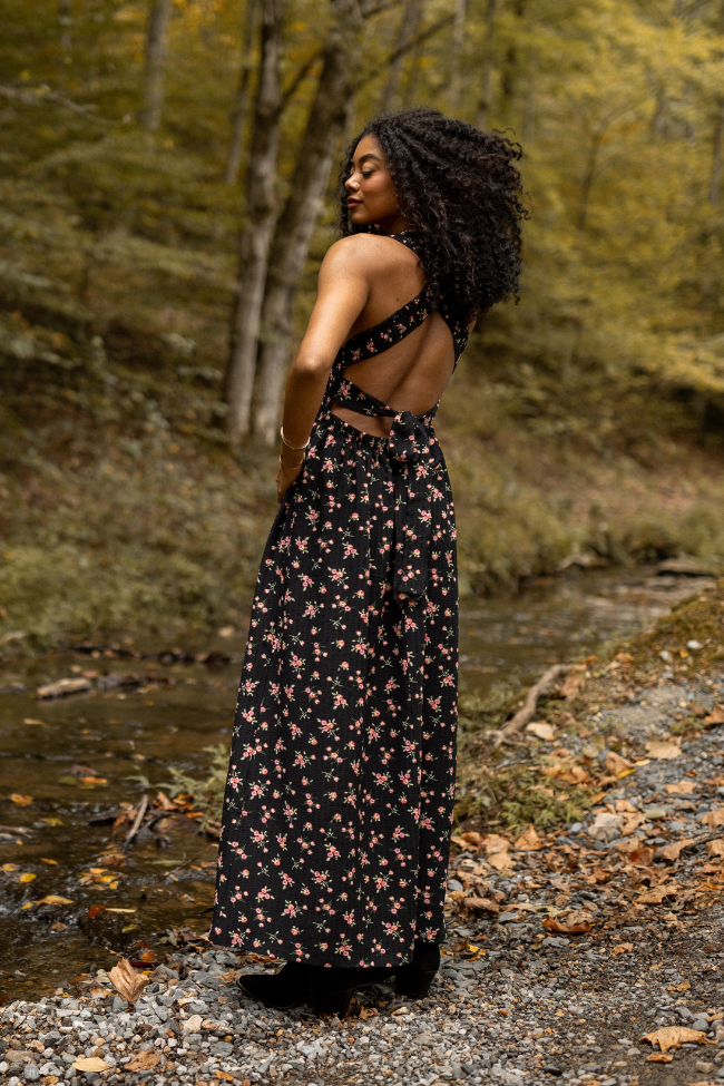 Jalissa Black Floral Criss Cross Back Maxi Dress