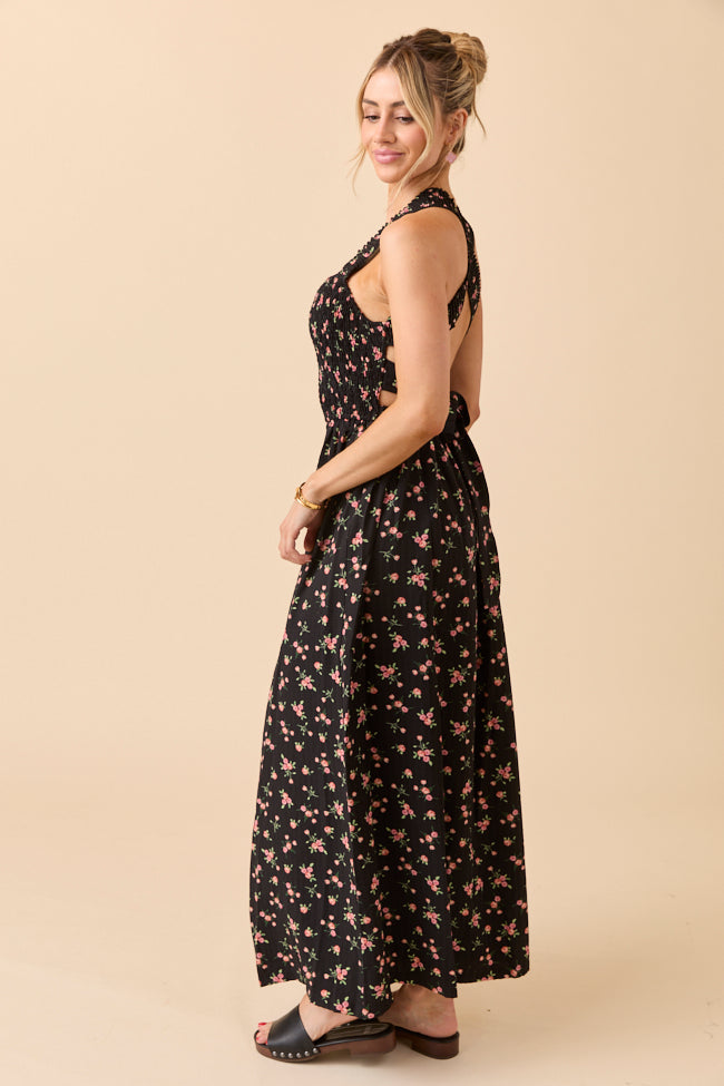 Jalissa Black Floral Criss Cross Back Maxi Dress