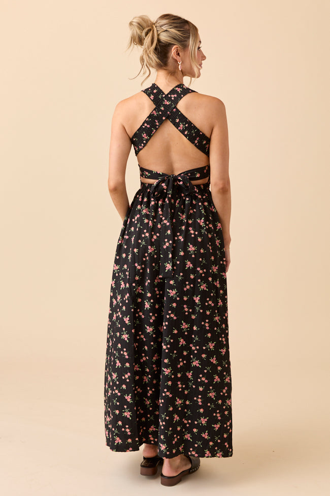 Jalissa Black Floral Criss Cross Back Maxi Dress
