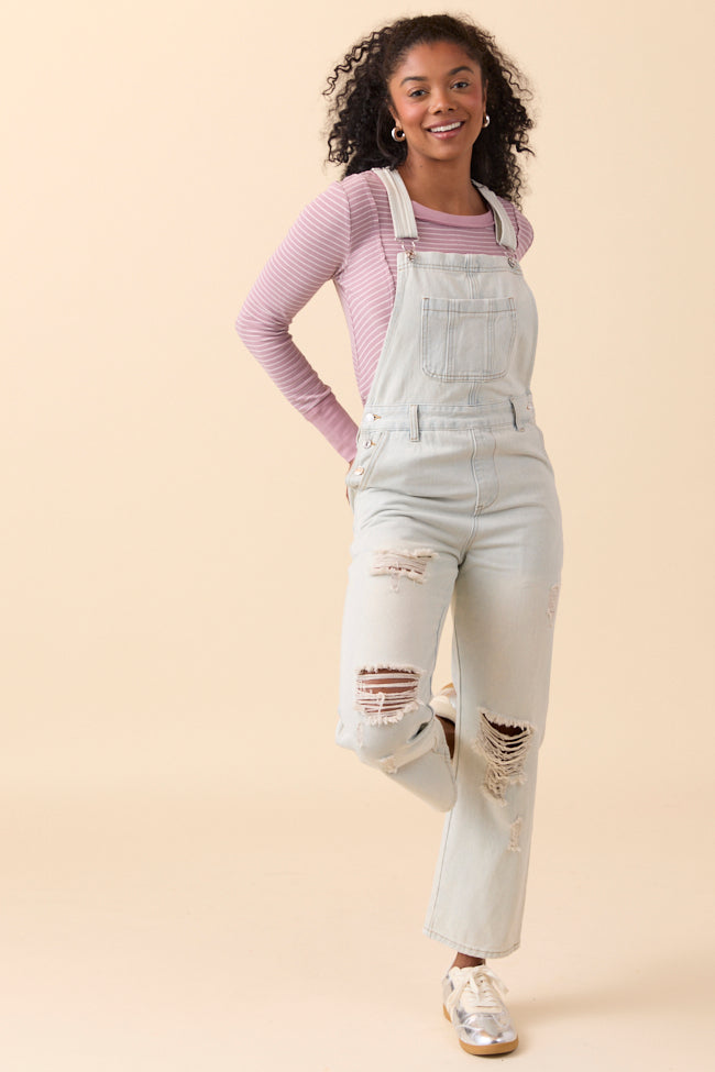 Brynn Light Wash Distressed Denim Overalls