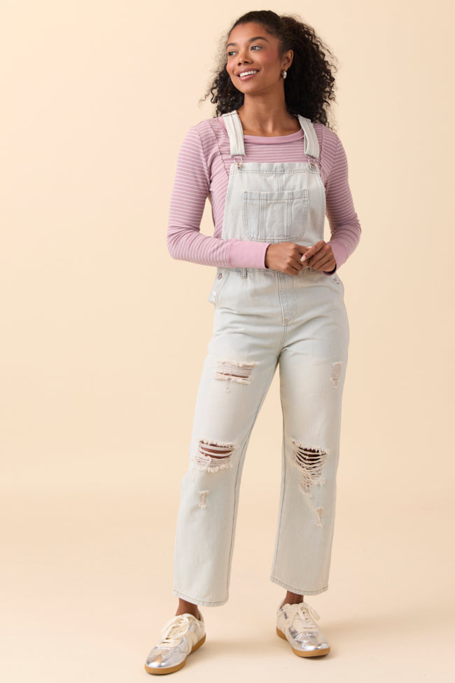 Brynn Light Wash Distressed Denim Overalls