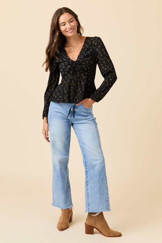 Ella Black Floral Ruched V-neck Blouse