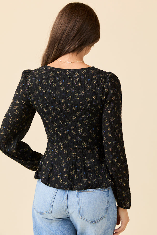 Ella Black Floral Ruched V-neck Blouse