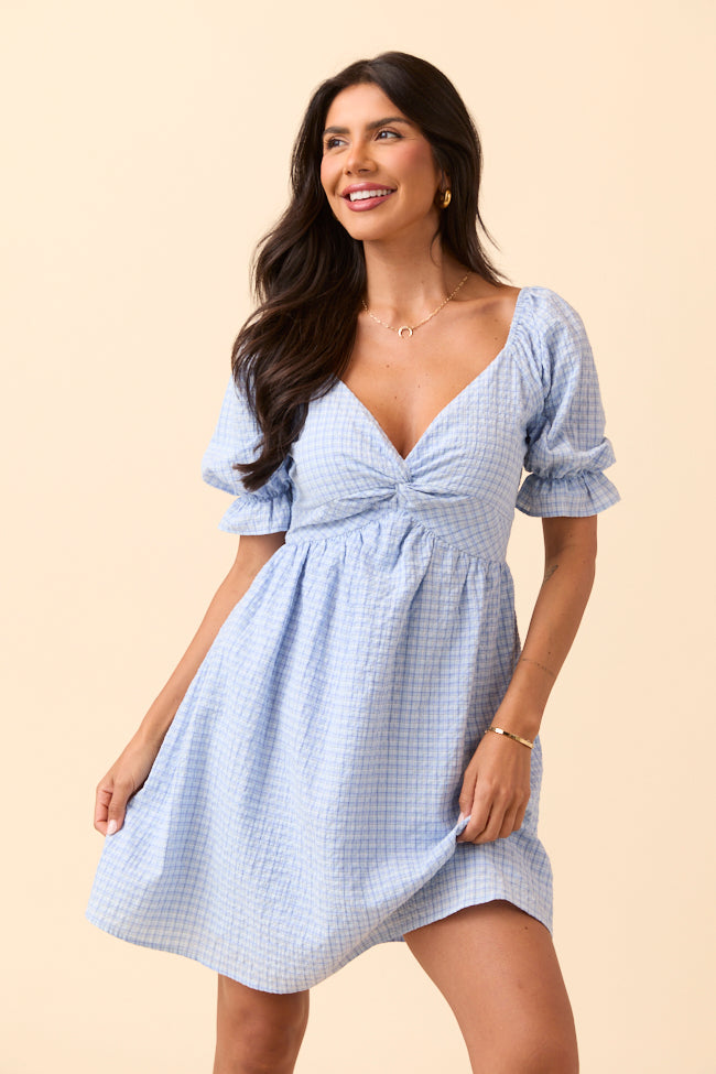 Tarah Blue Gingham Knot Front Mini Dress FINAL SALE