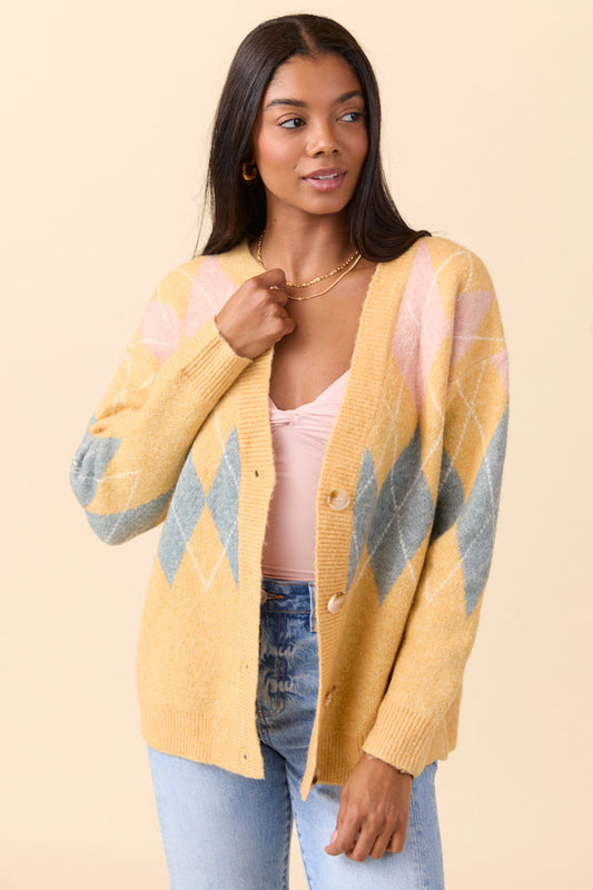 Harlow Yellow Argyle Plaid Cardigan FINAL SALE