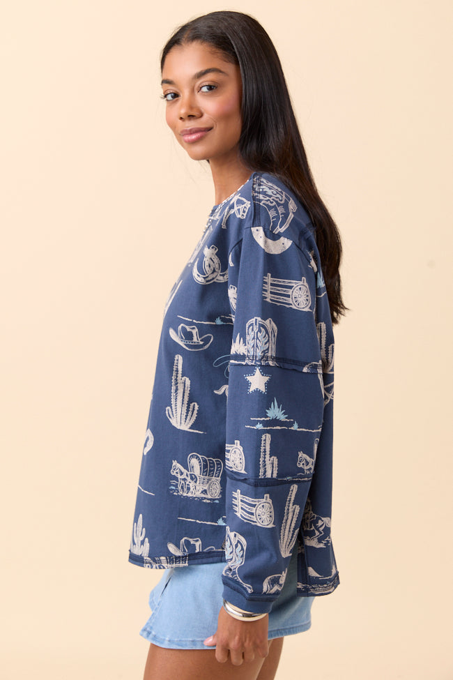 Zuri Blue Long Sleeve Western Tee
