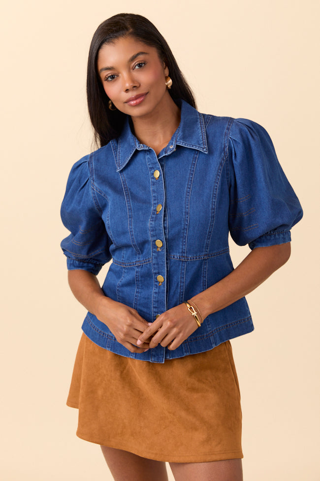 Jane Denim Collared Puff Sleeve Blouse FINAL SALE