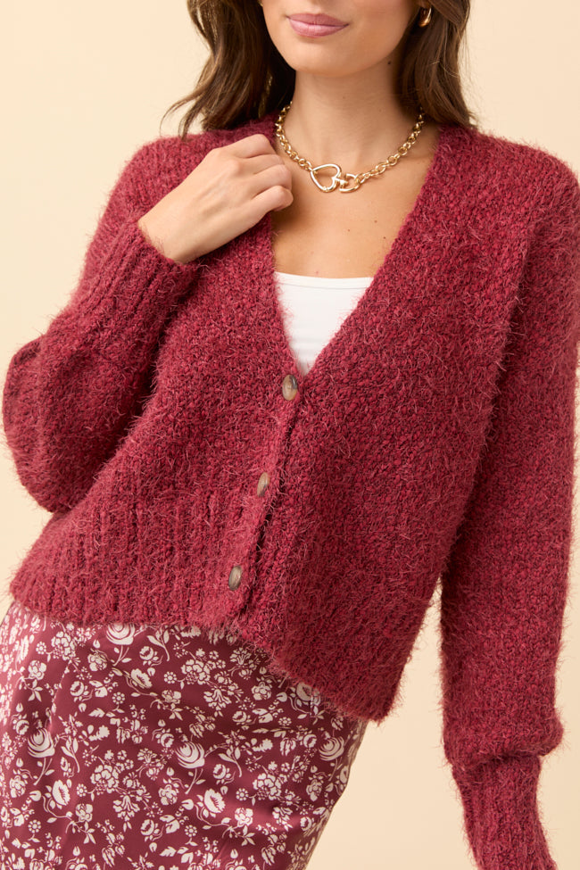 Jannie Burgundy Fuzzy Cropped Cardigan