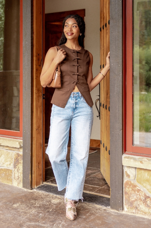 Nala Brown Bow Button Vest FINAL SALE