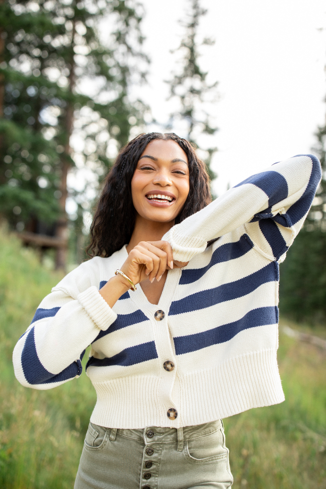 Rachel Ivory and Navy Blue Stripe Cropped Cardigan FINAL SALE