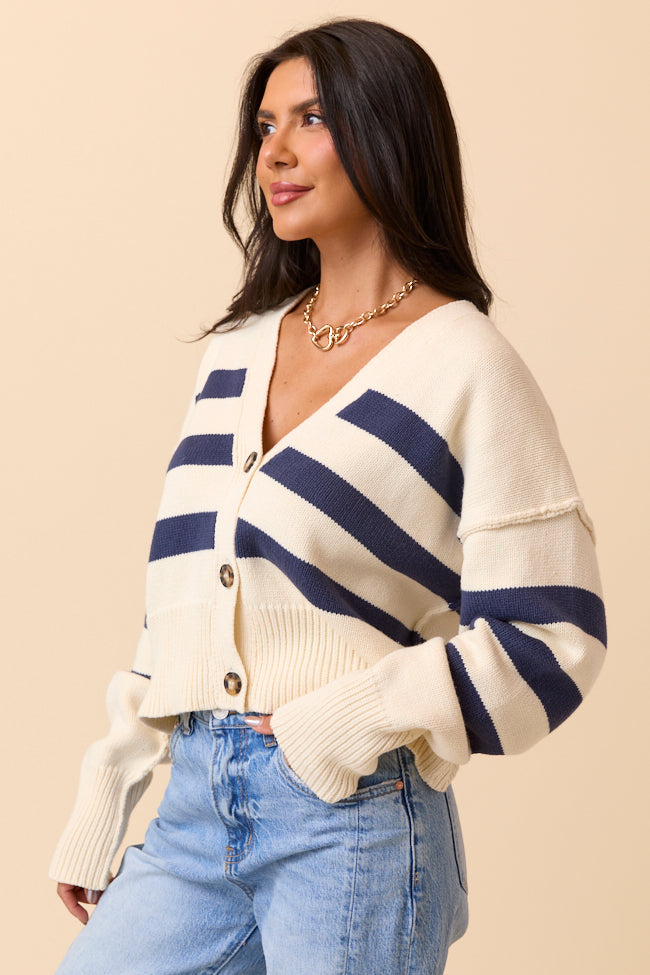 Rachel Ivory and Navy Blue Stripe Cropped Cardigan FINAL SALE