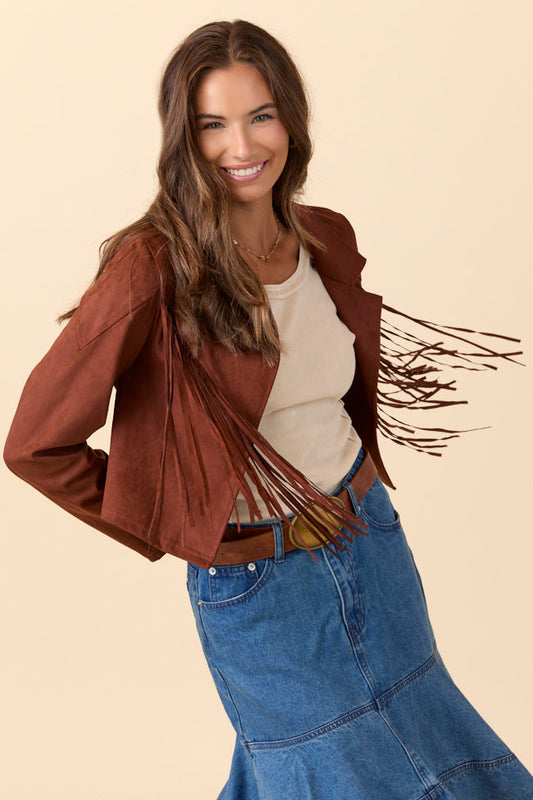 Christina Brown Faux Suede Fringe Jacket