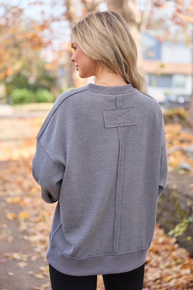 Cruz Oversized V-Neck Waffle Knit Charcoal Pullover